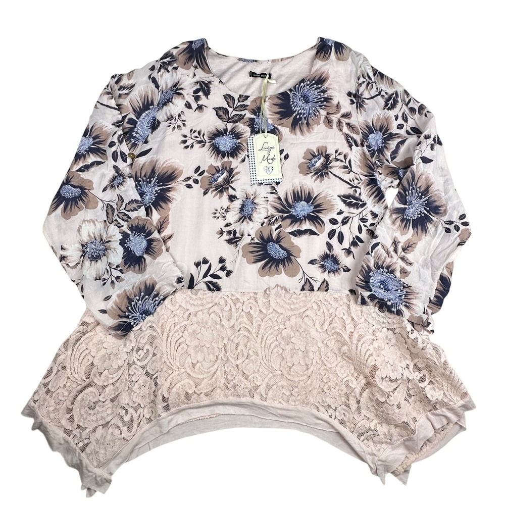 Made in Italy Floral Lace Sharkbite Hem Roll Tab Sleeve Blouse Pink Navy NEW